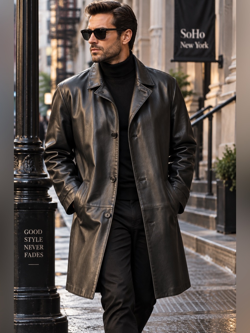 Andrew Marc Men’s Black Genuine Leather Mid-Length Warm Overcoat Sz L Lined